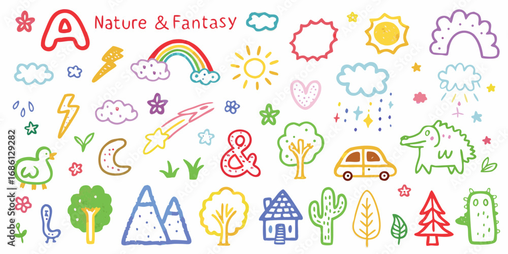 Fototapeta premium Whimsical hand drawn nature and fantasy elements collection with letter a and text