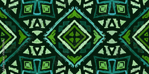 Tribal geometric seamless pattern with green and blue brush strokes on dark background