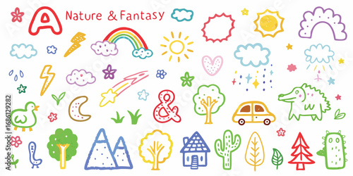 Whimsical hand drawn nature and fantasy elements collection with letter a and text