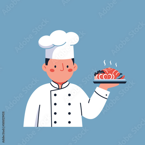 A chef presenting a delicious plate of seafood, showcasing culinary skills.