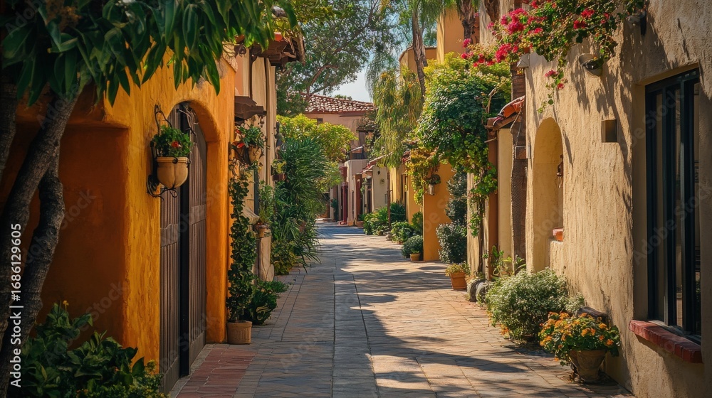 Fototapeta premium A sun-drenched alleyway lined with colorful buildings and lush greenery.