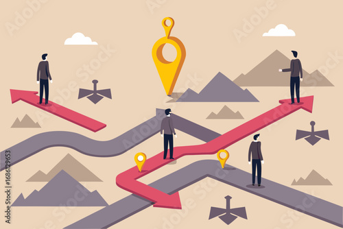 Businessmen navigating complex paths and making decisions towards a central destination marker