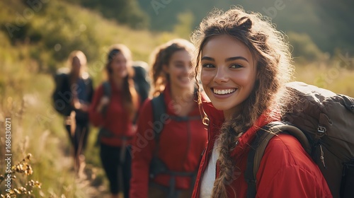 A group of young women hiking through a grassy field with backpacks and bright red jackets smiling at the camera