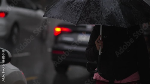 Torrential rain in Buenos Aires, Argentina. Daytime city scene with heavy rainfall, people under umbrellas, cars on wet streets, water puddles splashing, trees, buildings, and urban life. 4K 10-bit fo