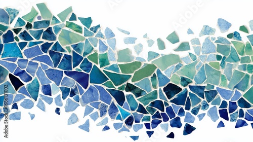 Abstract mosaic design of broken tiles in various shades of blue and green, against white