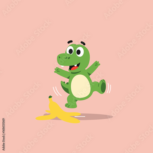 A cheerful green dinosaur joyfully stepping on a banana peel.