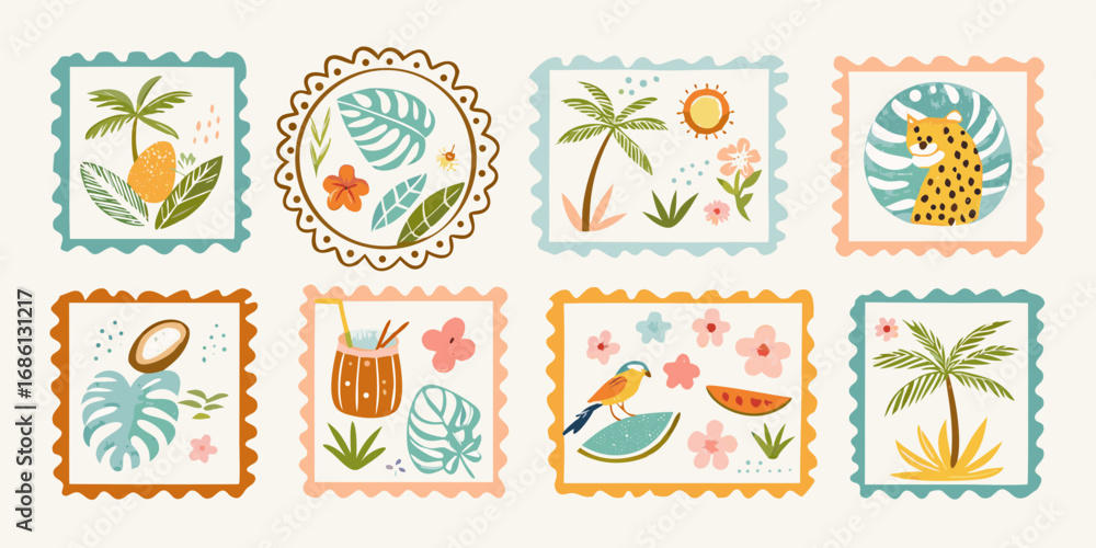 Naklejka premium Collection of eight charming square and circular tropical themed illustrations in stamp format
