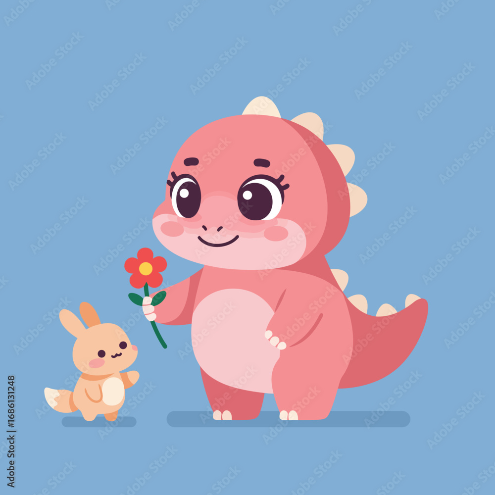 Fototapeta premium A cute pink dinosaur holding a flower stands next to a small bunny in a cheerful scene.
