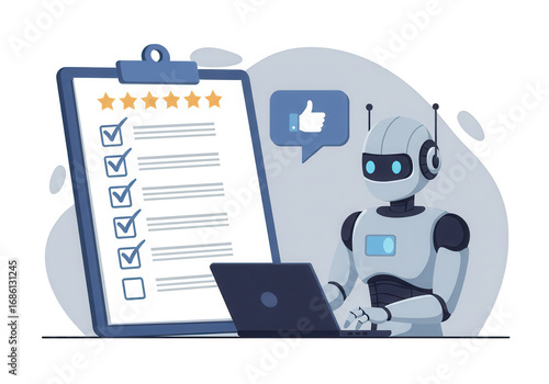 Robot giving feedback on a checklist with stars and a thumbs up isolated on transparent background