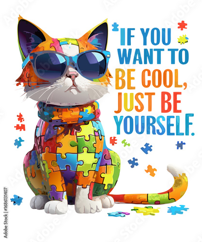 Cool cat wearing sunglasses and scarf made of colorful puzzle pieces with inspirational quote about being yourself isolated on transparent background