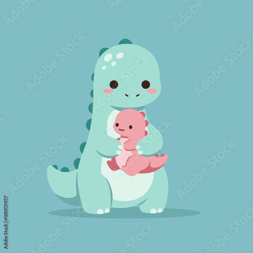 A cute dinosaur character holding a baby dinosaur, showcasing a playful and affectionate theme.