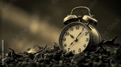 Vintage alarm clock placed among dry leaves, symbolizing time, decay, and the fleeting nature of life.