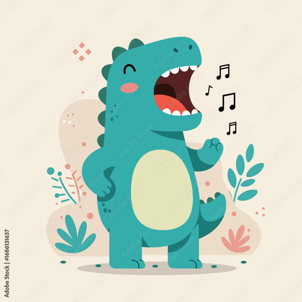 Naklejka premium A cheerful cartoon dinosaur singing joyfully amidst playful foliage.