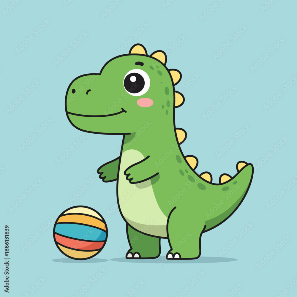 Naklejka premium A cute cartoon dinosaur stands beside a colorful ball on a light blue background.