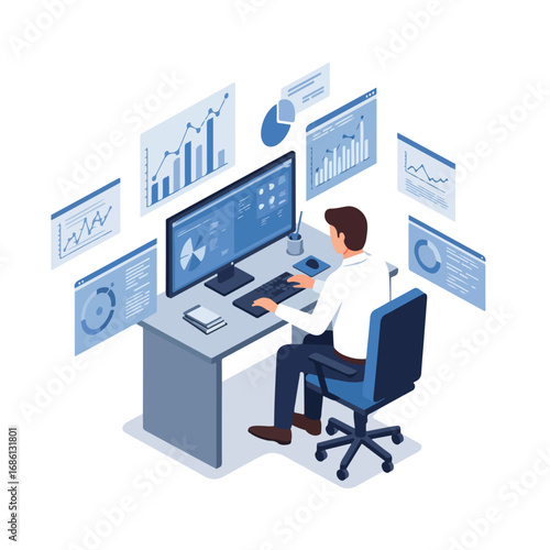 A person sits at a desk using a computer surrounded by floating charts and graphs