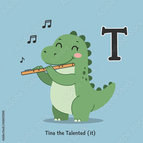 A cheerful dinosaur named Tina plays the flute, promoting creativity and music.