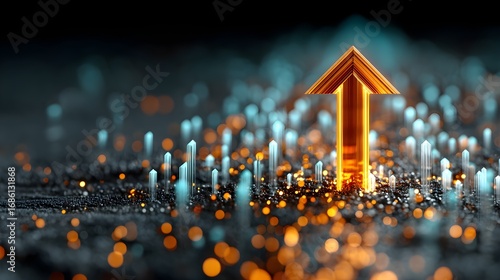 Cyan Blue Neon Navy Golden High Quality Visualization Glowing Upward Arrow Pointing Top Right Appearing Inside Futuristic Marketing Ecommerce Web Print Copy Space Template Branding Socia SEO Optimized