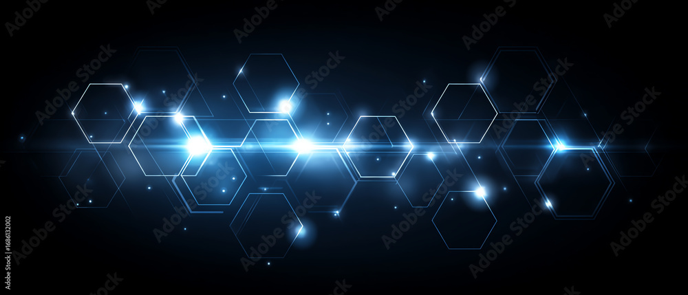 Fototapeta premium Glowing blue hexagons connected by bright lines create a futuristic digital network design on a dark background, representing technology and data flow