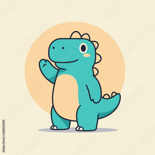 A cute cartoon dinosaur character waving cheerfully against a soft background.