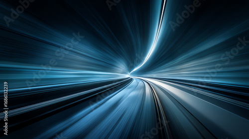 Futuristic tunnel with dynamic light trails and motion blur, creating a sense of high-speed travel and advanced technology in a sleek, blue-toned environment