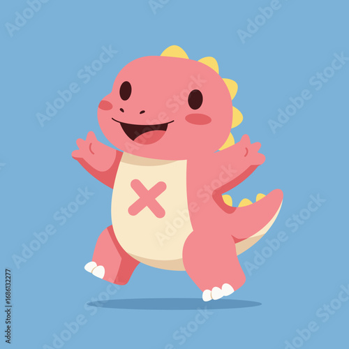 A cheerful pink dinosaur character with a big smile, set against a blue background.