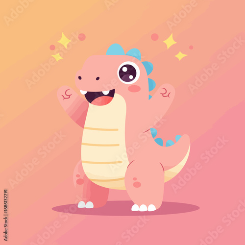 A cute pink dinosaur character with a cheerful expression, designed in a playful style.