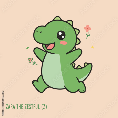 A cute cartoon dinosaur named Zara, depicted joyfully with flowers and stars around.