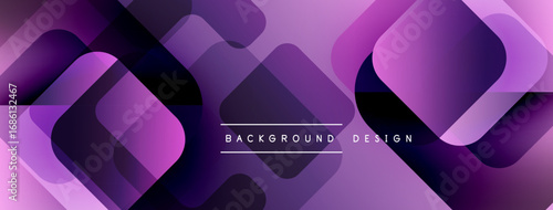 Abstract purple design features overlapping rounded squares. Gradient shades create depth, modern aesthetic. Minimalist style.