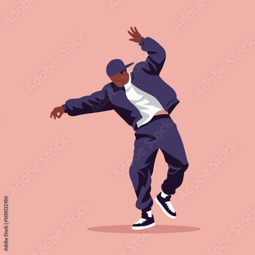 A stylized illustration of a dancer in casual streetwear performing a dynamic move.