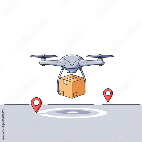 A drone carrying a package, positioned between two location markers.