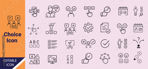 A comprehensive selection showcases decision making and selection icons in line art style