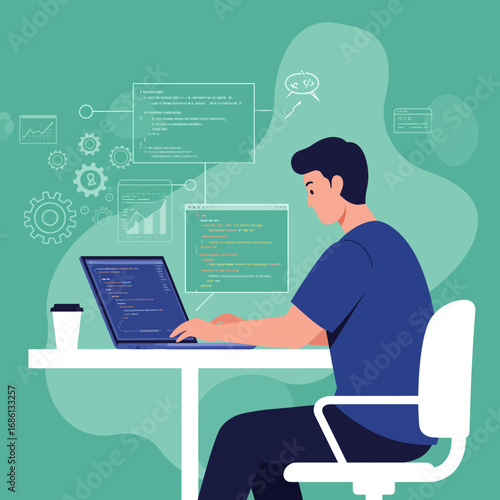 A person coding on a laptop with data visualizations and graphs in the background.