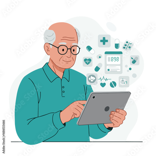 An elderly man with glasses holding a tablet surrounded by medical icons