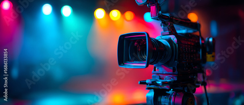 Professional video camera focused and ready to record in a colorful studio environment with vibrant stage lights and blurred background