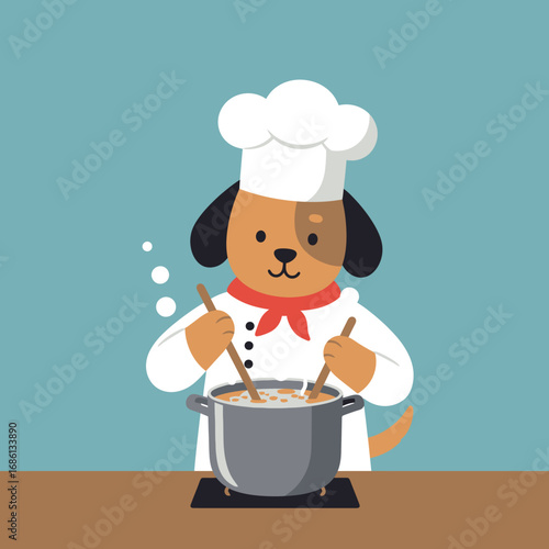 A cartoon dog chef stirring a pot, wearing a chef's hat and uniform, cooking a meal.