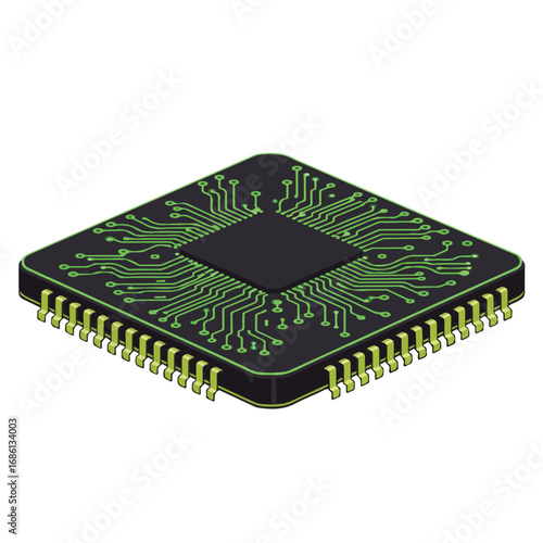 An isometric black square computer chip with green circuitry and gold pins