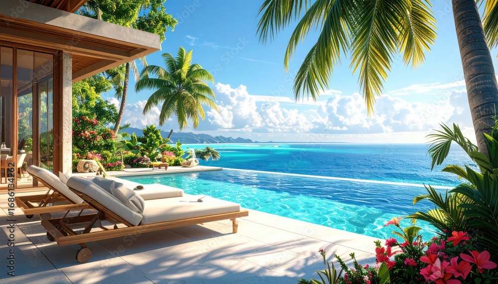 Fototapeta premium Luxurious Beachfront Villa with Infinity Pool and Scenic Views