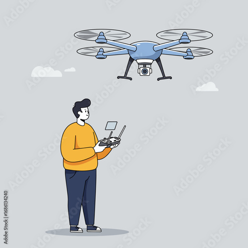 A person controls a drone using a remote control device in an outdoor setting.