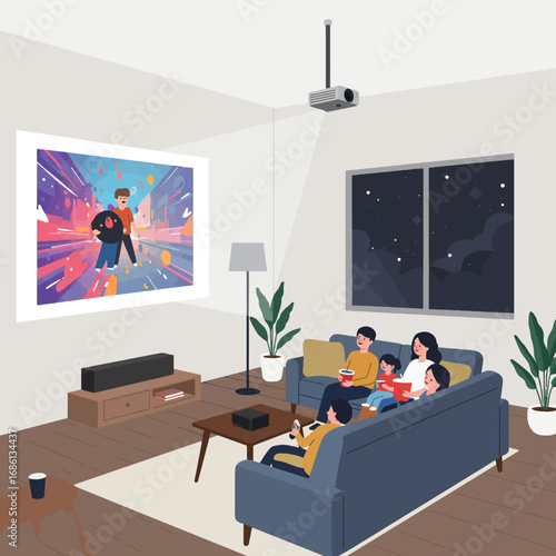 A cozy living room scene with a family watching a movie on a projector screen.