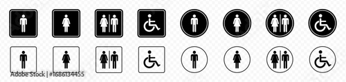 Washroom signs. Restroom or toilet door sign set containing gents, ladies, disabled, baby changing. Printable sticker. Transparent vector illustration.
