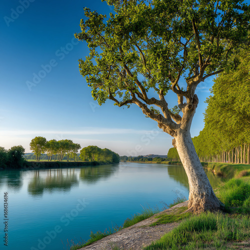 A tranquil river scene with lush green trees lining the banks, a clear blue sky, and a prominent tree leaning over calm water reflecting the serene landscape