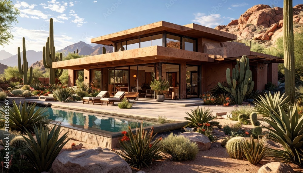 Fototapeta premium Modern Desert Villa Surrounded by Cacti and Scenic Mountain Views