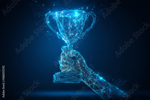 A digital wireframe hand holds a glowing trophy, symbolizing achievement and success in a futuristic, neon blue design against a dark background