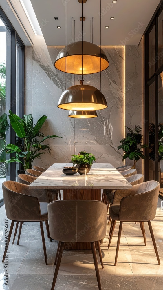 Fototapeta premium Elegant Modern Dining Room with Stylish Lighting and Greenery