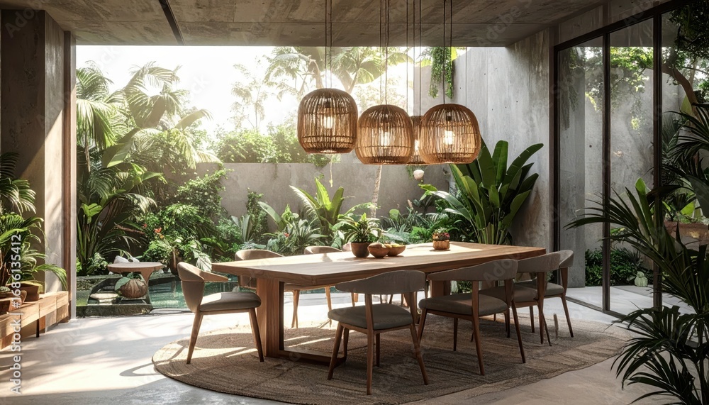 Fototapeta premium Modern dining room with natural light, plants, and stylish decor