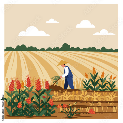 A farmer tending to crops in a field, surrounded by plants and a scenic landscape.