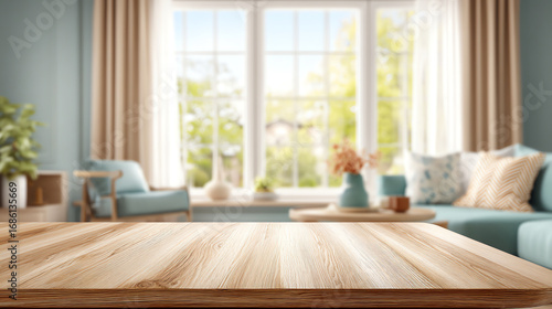 Wooden table surface with a blurred cozy living room background featuring pastel furniture, cushions, plants, and large bright windows