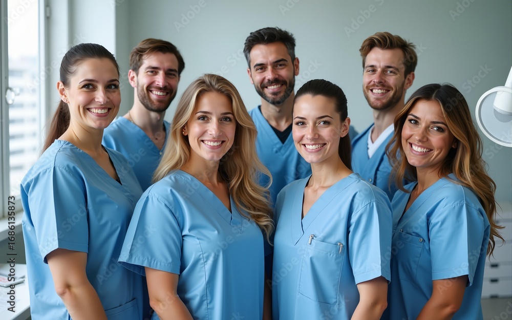 Dental care team poses together in clinic. Healthcare providers stand in row, smiling, confident. Positive, unified health care team. Modern dental practice. Friendly, pro healthcare team. Focused on Dental care team poses together in clinic. Healthcare providers stand in row, smiling, confident. Positive, unified health care team. Modern dental practice. Friendly, pro healthcare team. Focused on