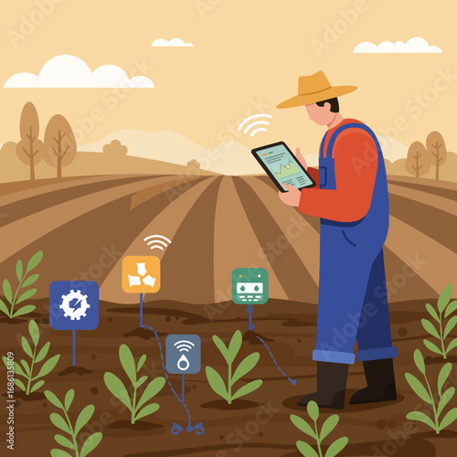 A farmer uses a tablet to monitor crops in a field with technology integration.