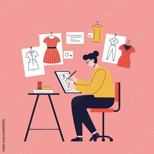 A fashion designer sketches clothing designs at a workspace surrounded by inspiration.